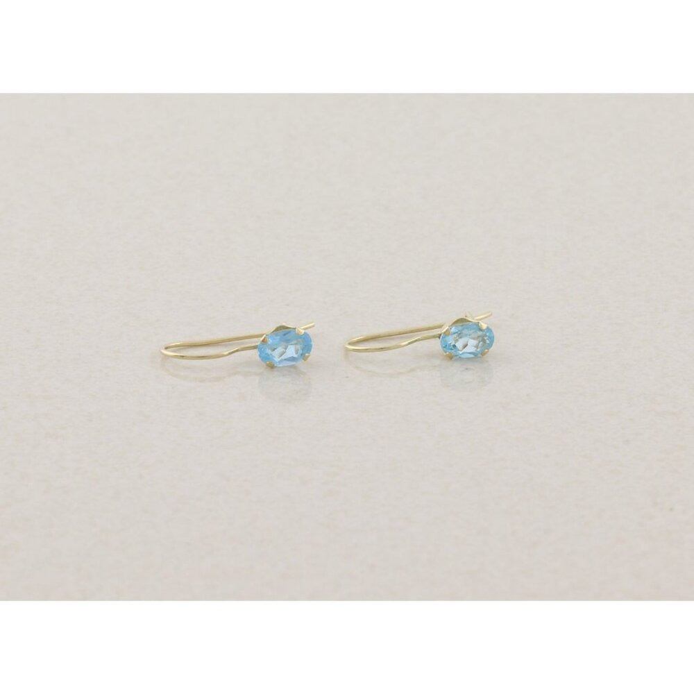 14k Yellow Gold Natural Swiss Blue Topaz Earrings Dangle Drop 5/8" x 1/8" - Picture 3 of 8